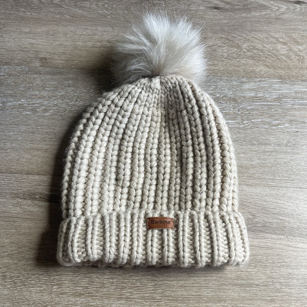 Barbour Beanie Pom Hat Knit Tan Winter Saltburn Logo Thick Luxury England
